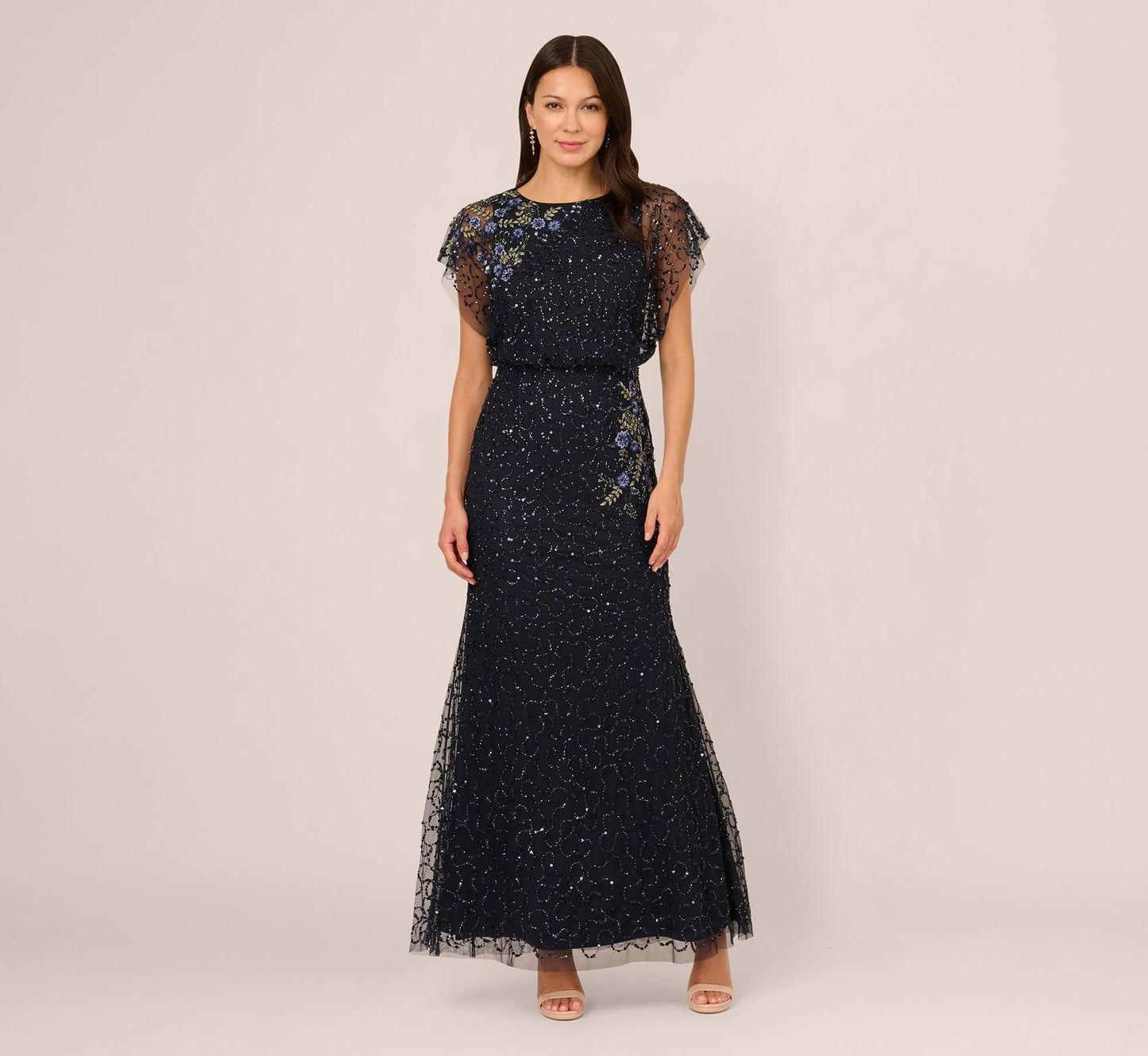 Midnight Multi Adrianna Papell AP1E212565 Scoop Neck Long Sequin Evening Beaded Dress