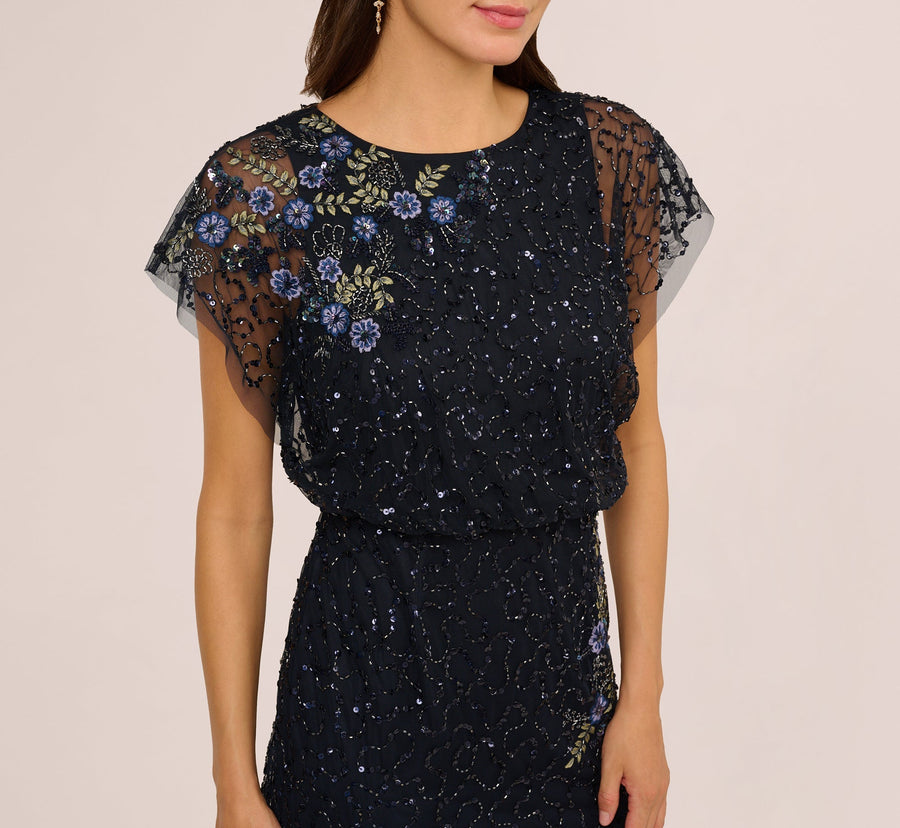 Midnight Multi Adrianna Papell AP1E212565 Scoop Neck Long Sequin Evening Beaded Dress