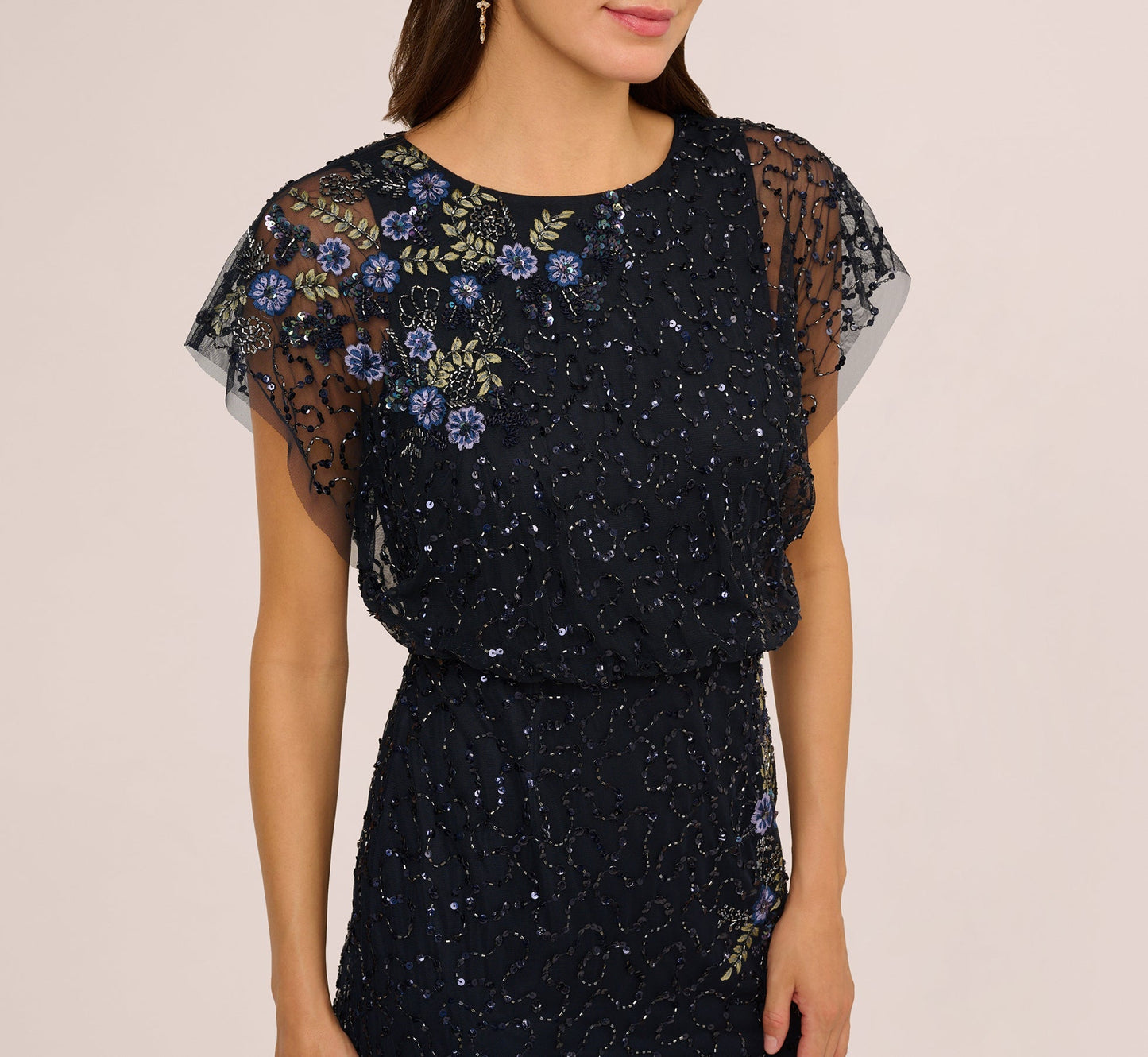 Midnight Multi Adrianna Papell AP1E212565 Scoop Neck Long Sequin Evening Beaded Dress