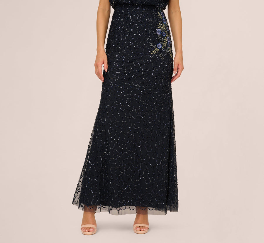 Midnight Multi Adrianna Papell AP1E212565 Scoop Neck Long Sequin Evening Beaded Dress