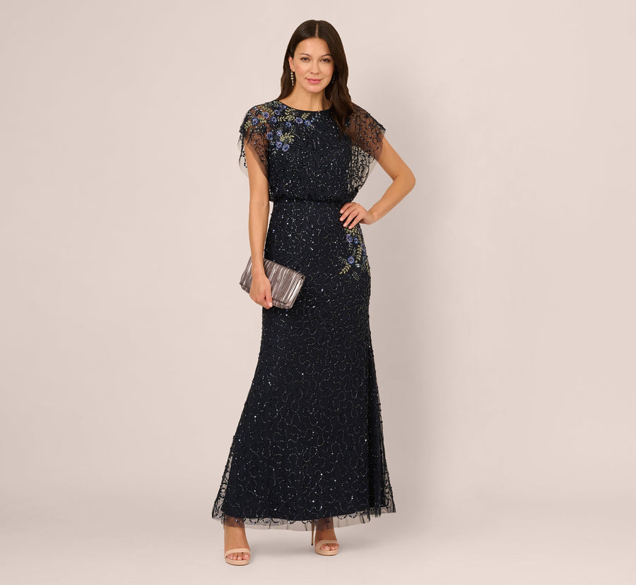 Midnight Multi Adrianna Papell AP1E212565 Scoop Neck Long Sequin Evening Beaded Dress