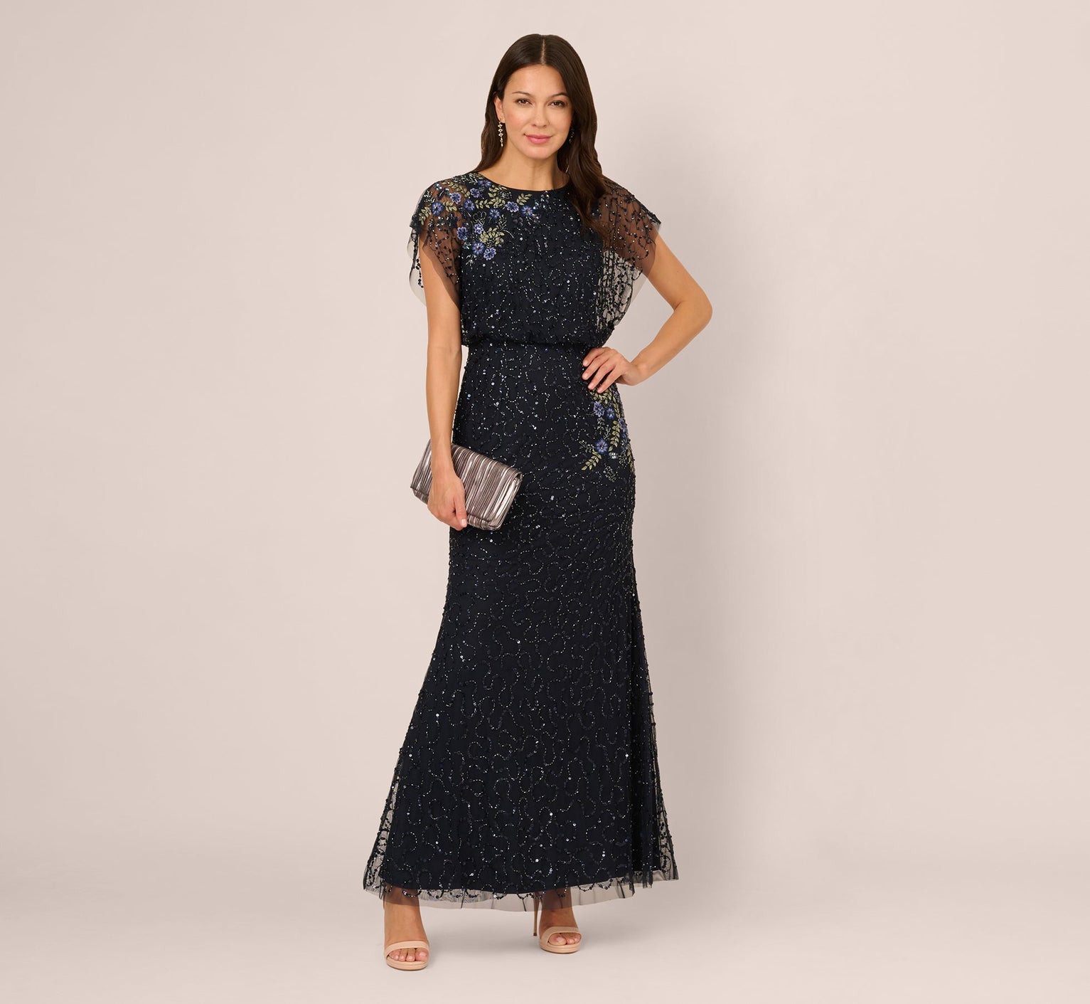 Midnight Multi Adrianna Papell AP1E212565 Scoop Neck Long Sequin Evening Beaded Dress