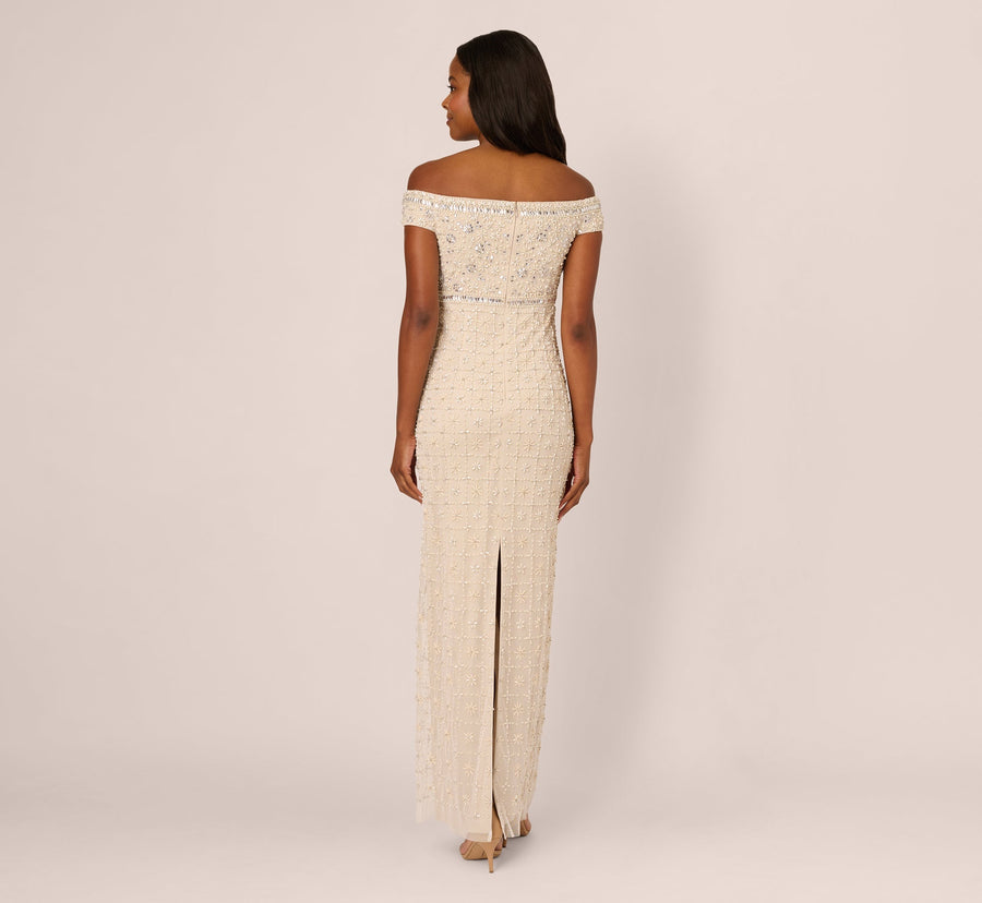 Ivory Nude Adrianna Papell AP1E212608 Off the Shoulder Long Mesh Beaded Formal Dress