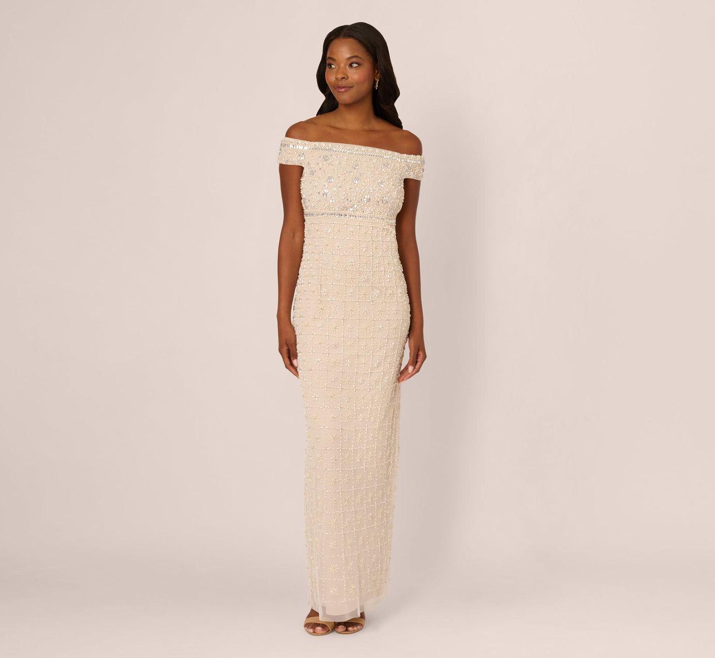 Ivory Nude Adrianna Papell AP1E212608 Off the Shoulder Long Mesh Beaded Formal Dress
