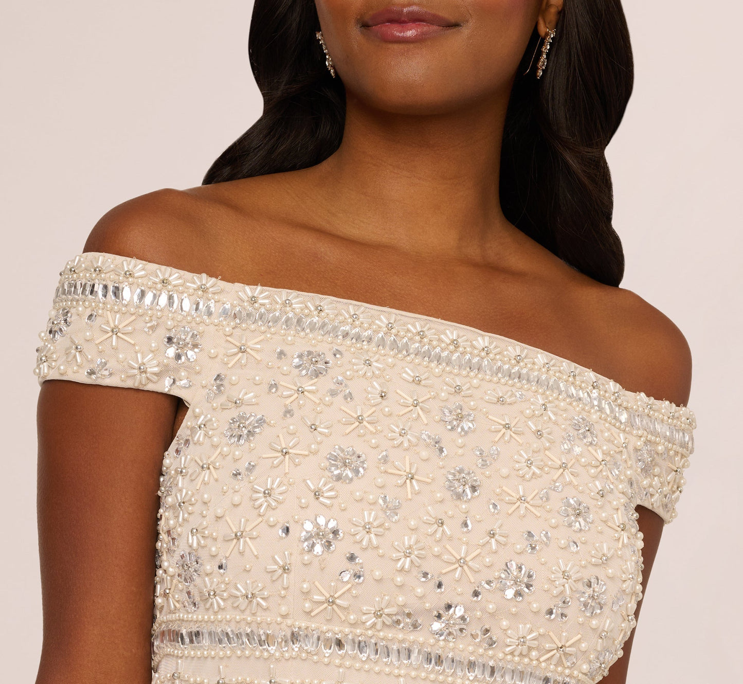 Ivory Nude Adrianna Papell AP1E212608 Off the Shoulder Long Mesh Beaded Formal Dress