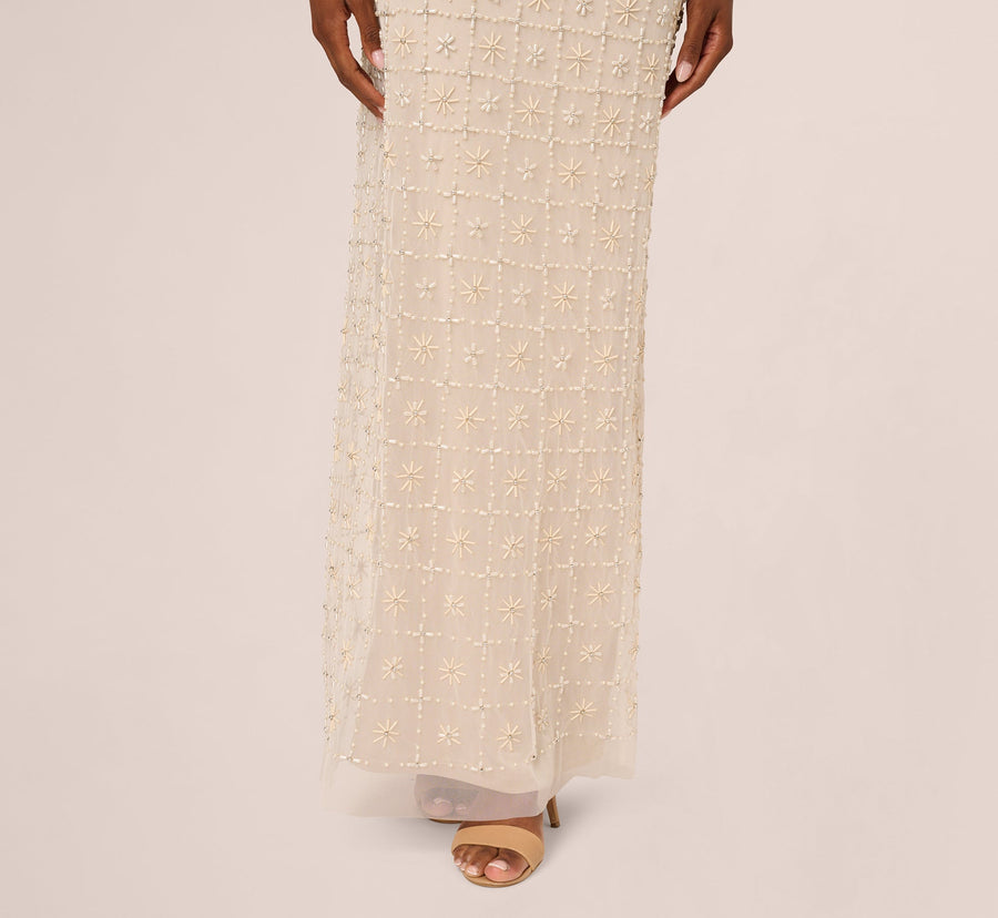 Ivory Nude Adrianna Papell AP1E212608 Off the Shoulder Long Mesh Beaded Formal Dress