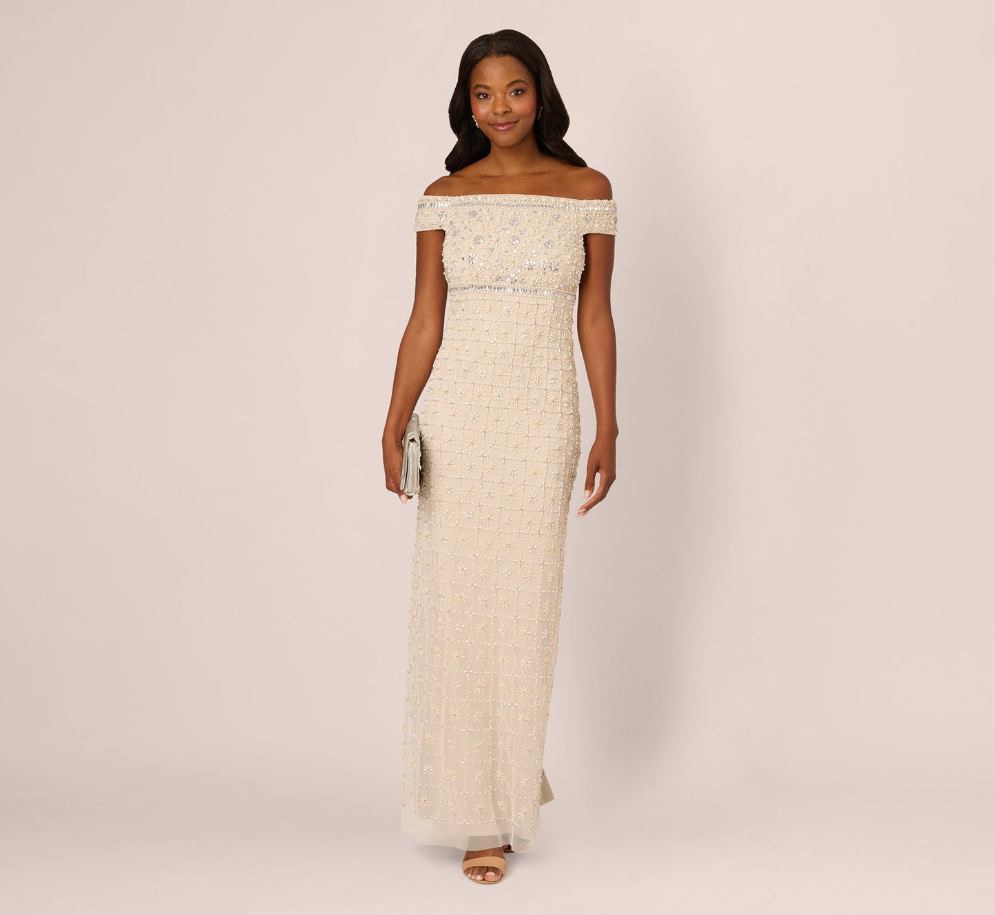 Ivory Nude Adrianna Papell AP1E212608 Off the Shoulder Long Mesh Beaded Formal Dress
