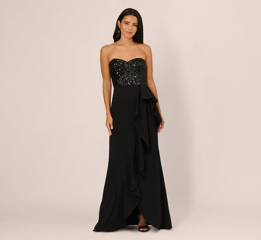 Black Adrianna Papell AP1E212614 Sweetheart Long Sequin Prom Dress Side Slit Gown