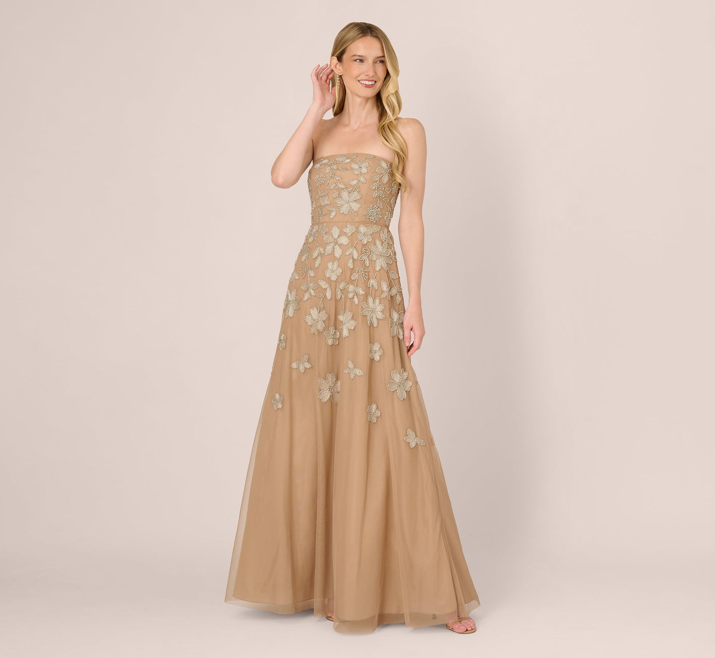 Strapless Curved Neck Floor-Length Tulle Formal A-Line Adrianna Papell AP1E212673