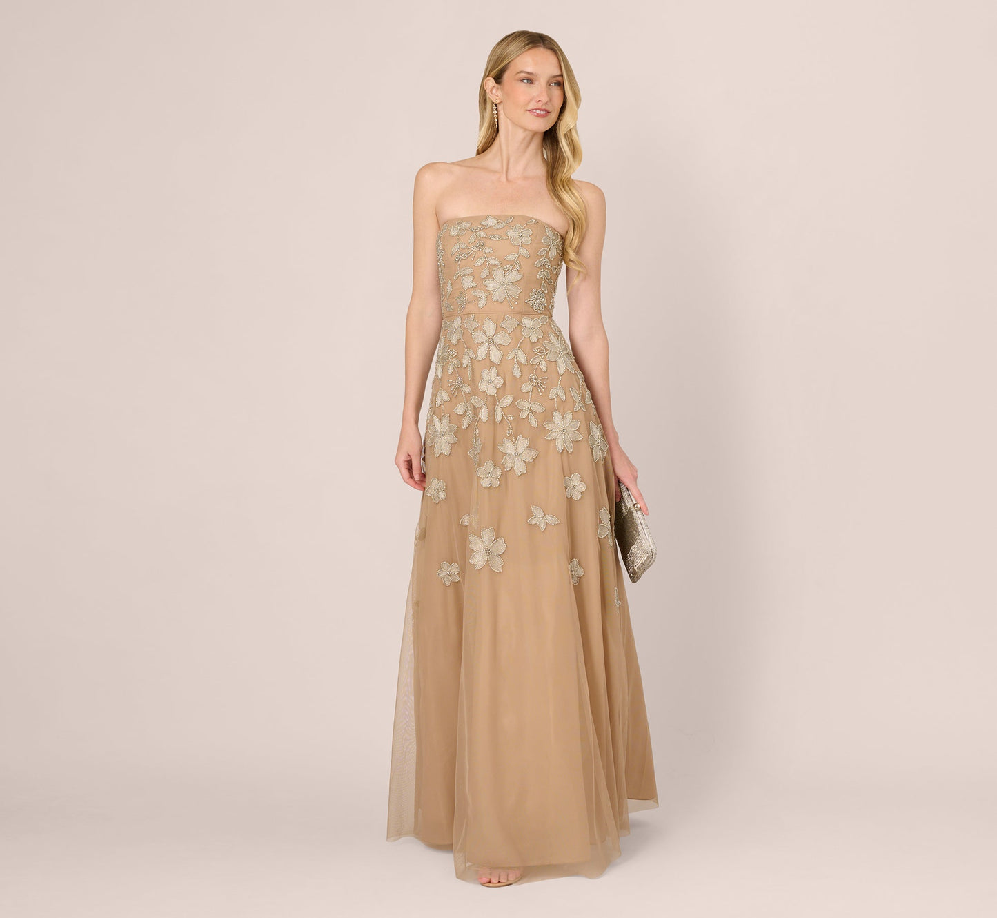 Strapless Curved Neck Floor-Length Tulle Formal A-Line Adrianna Papell AP1E212673
