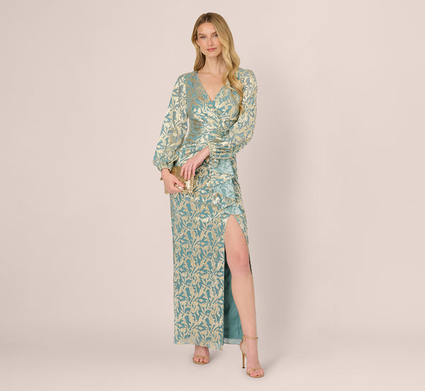 Long Sleeve Metallic Crinkle Drape Gown