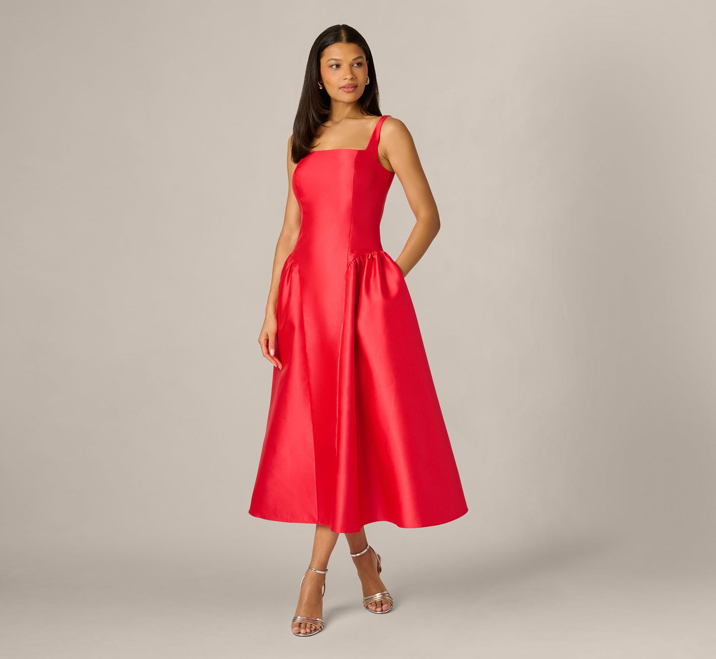 Square Midi Satin Occasion A-Line Dress Adrianna Papell AP1E212799