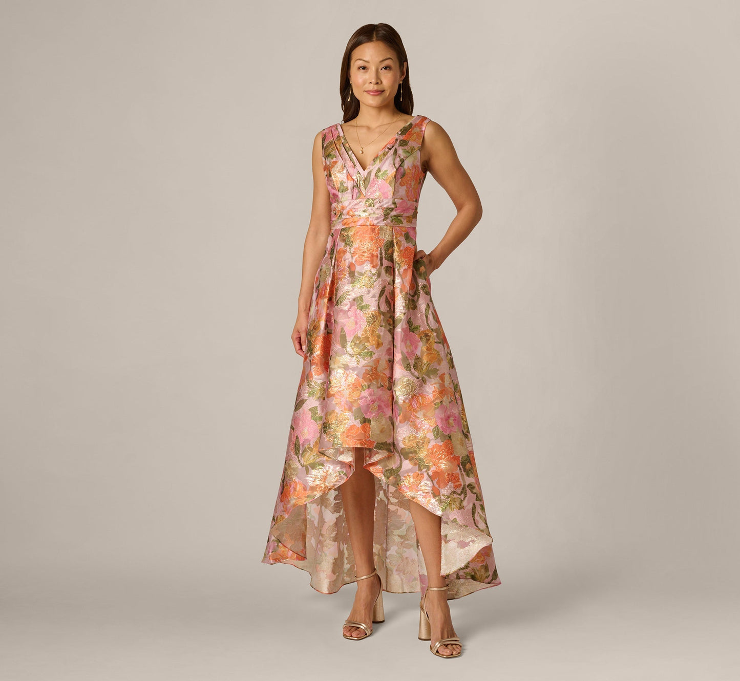 Adrianna Papell AP1E213364 Long Metallic Floral High Low Dress