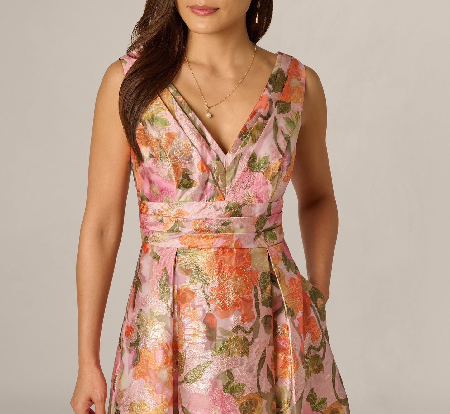 Adrianna Papell AP1E213364 Long Metallic Floral High Low Dress