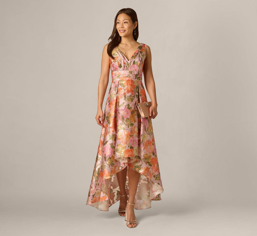 Adrianna Papell AP1E213364 Long Metallic Floral High Low Dress