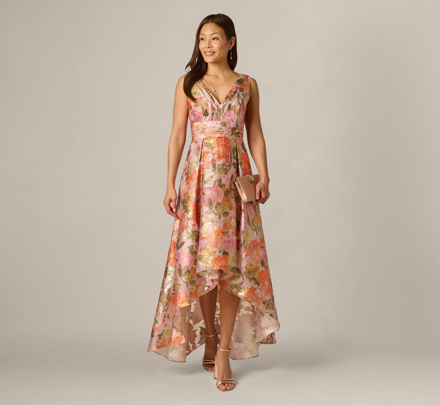 Adrianna Papell AP1E213364 Long Metallic Floral High Low Dress