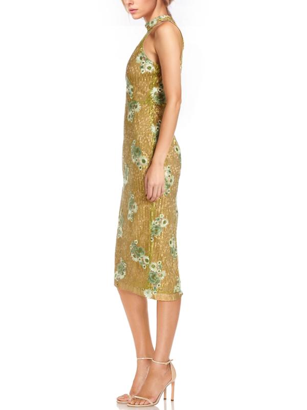 Citrus Halter Knee-Length Sequin Cocktail Embroidered Floral Dress Badgley Mischka J0113