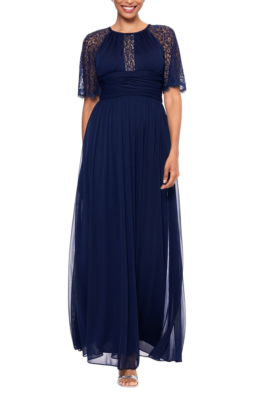 Navy Jewel Neck Floor-Length Mesh Formal Dress Lace Flutter Sleeves Betsy & Adam B266