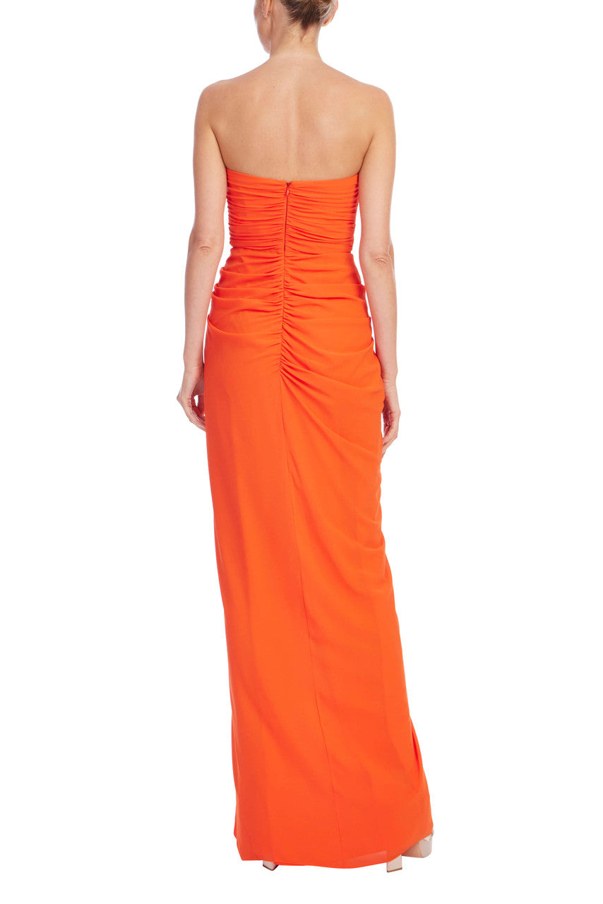 Coral Strapless Floor-Length Georgette Evening Gown Ruffle Detail Badgley Mischka BB0028