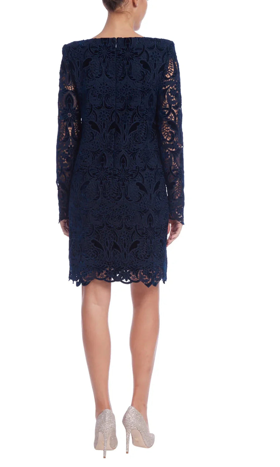Navy Bateau Knee-Length Lace Cocktail Sheath Dress Sheer Long Sleeves and Scalloped Hem Badgley Mischka BSD5271