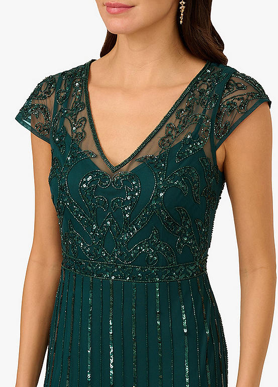 Gem Green Adrianna Papell AD5E210861 V-Neck Long Mesh Formal Gown A-Line