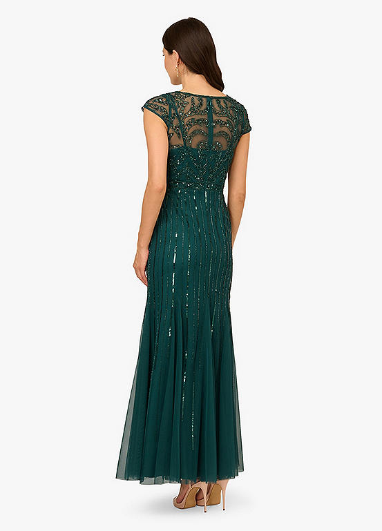 Gem Green Adrianna Papell AD5E210861 V-Neck Long Mesh Formal Gown A-Line
