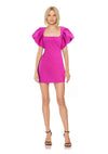Fuchsia Square Neck Mini-Length Crepe Cocktail Bodycon Dress Puff Sleeves Jewel Badgley Mischka J0208