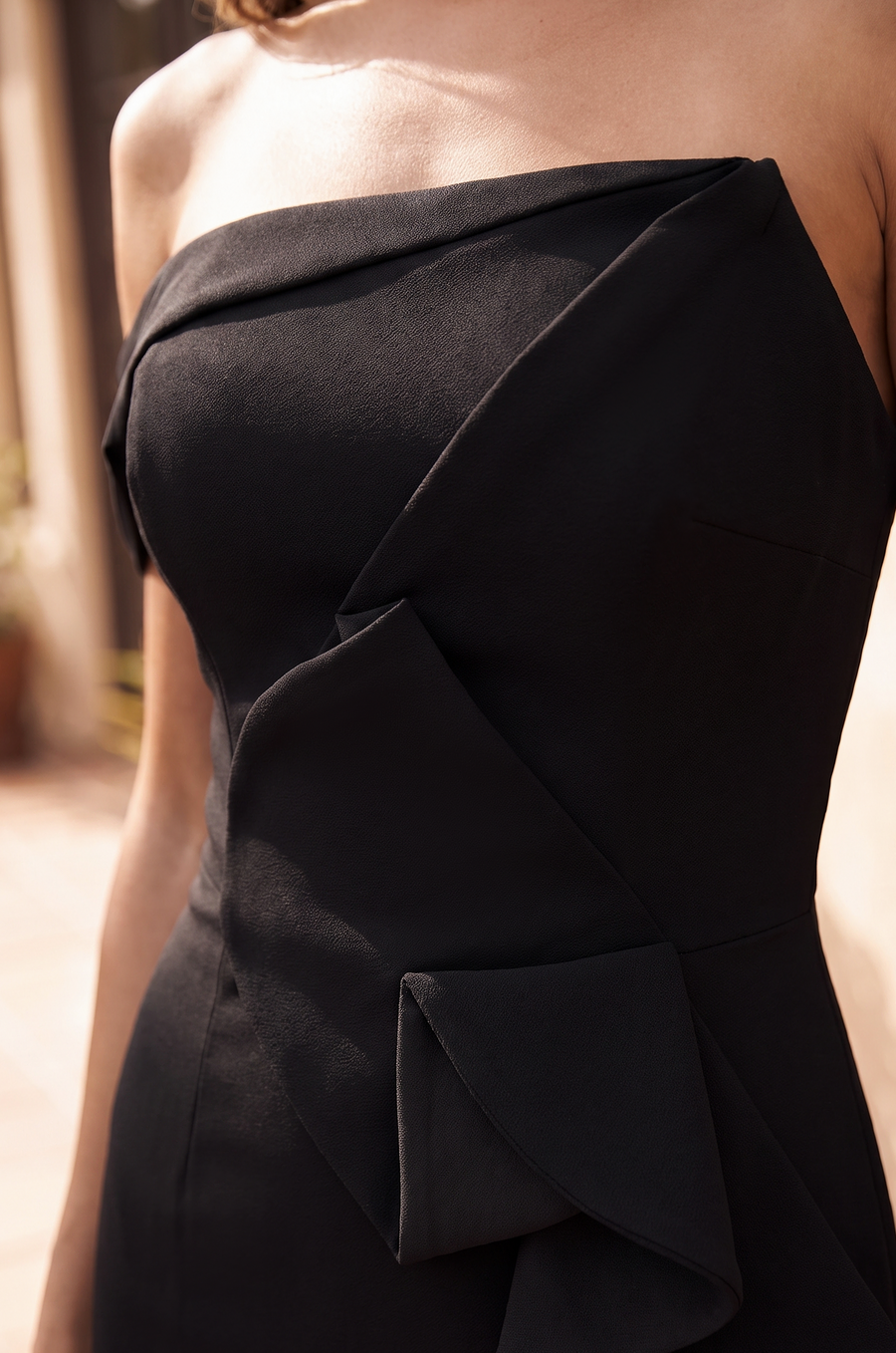 Long One Shoulder Formal Ruffle Crepe Evening Dress