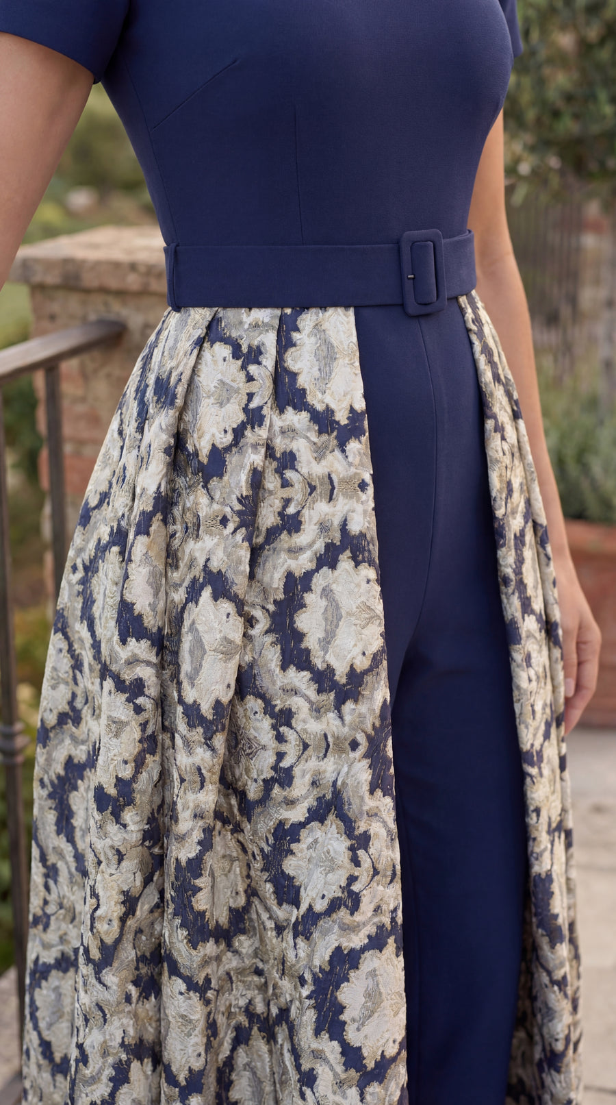 Stretch Crepe Jumpsuit Formal Floral Jacquard Overlay Skirt Wholesale