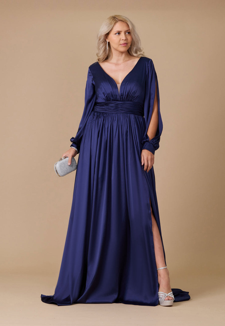 Long Open Sleeve Satin Formal Dress Wholesale