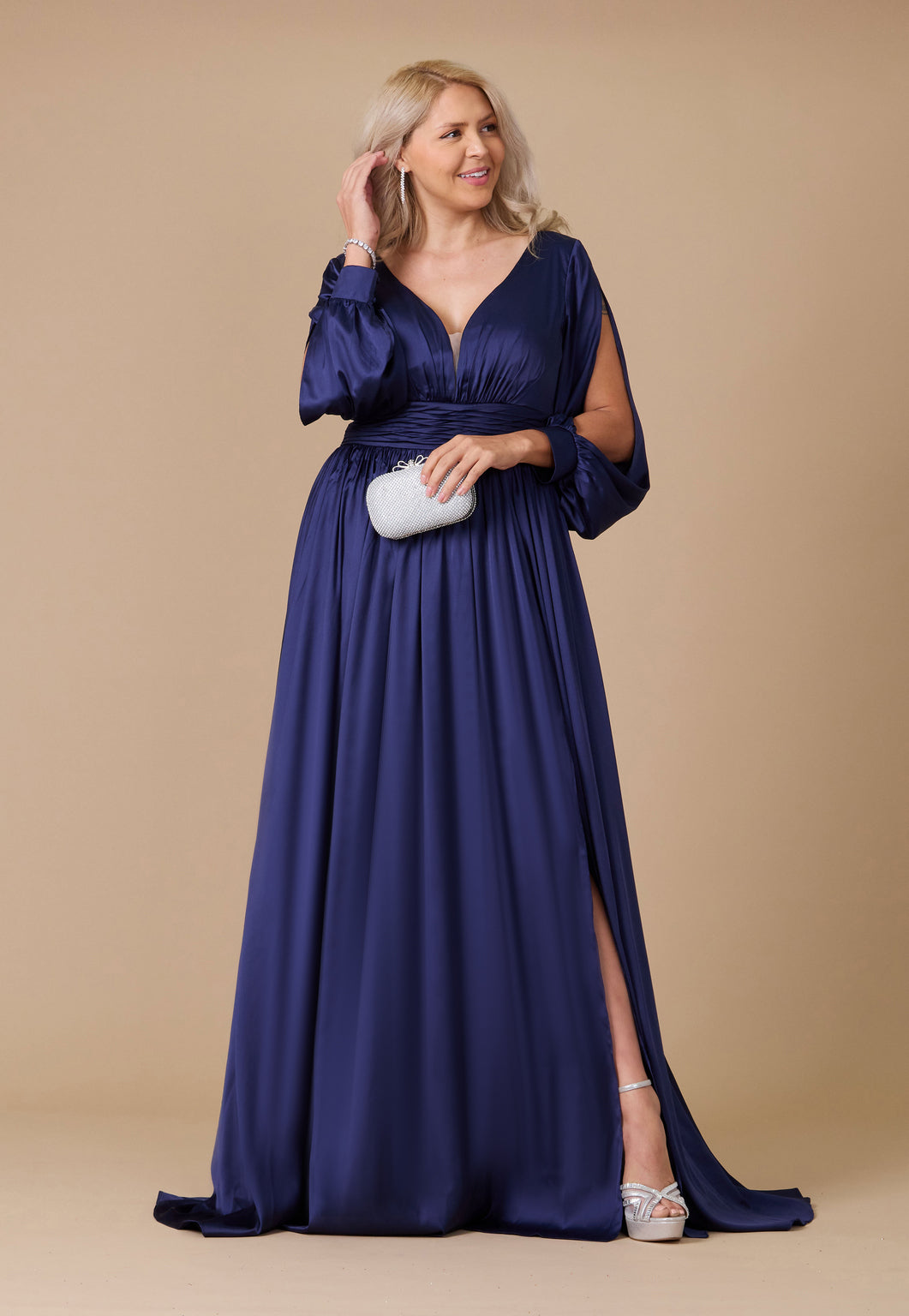 Long Open Sleeve Satin Formal Dress Wholesale