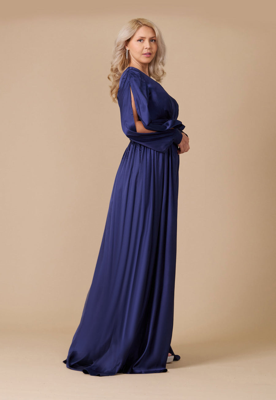 Long Open Sleeve Satin Formal Dress Wholesale