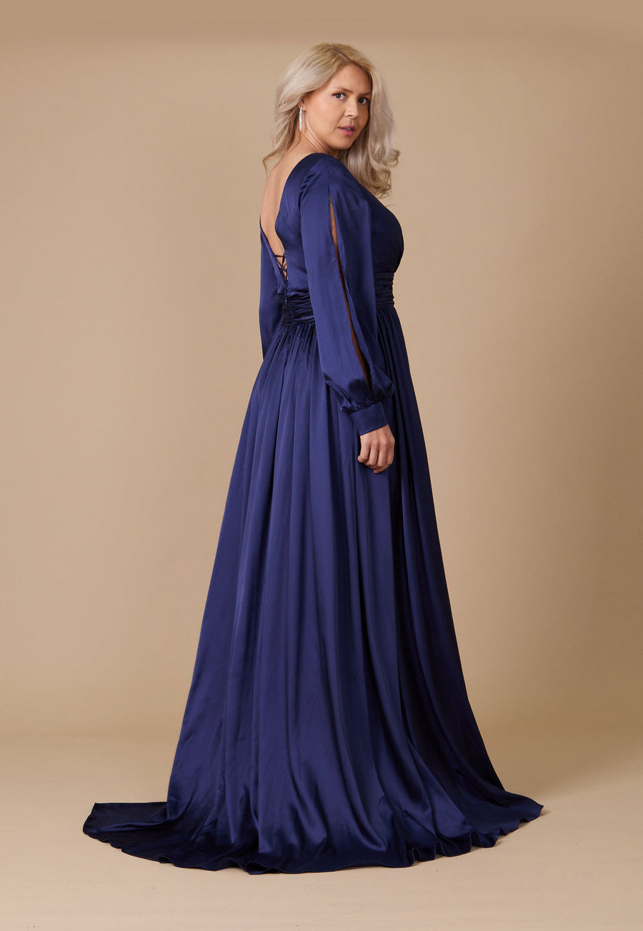 Long Open Sleeve Satin Formal Dress Wholesale