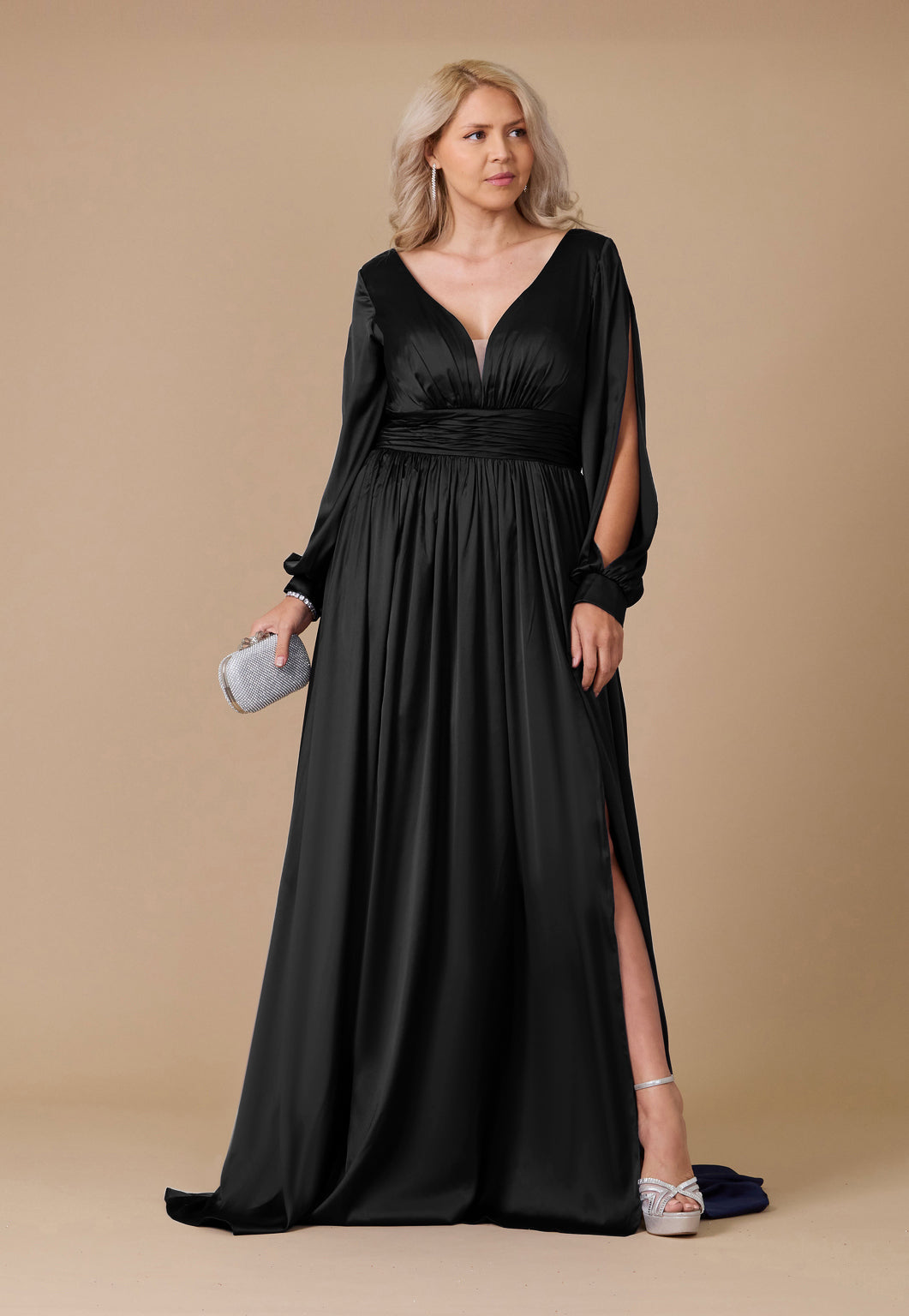 Long Open Sleeve Satin Formal Dress Wholesale