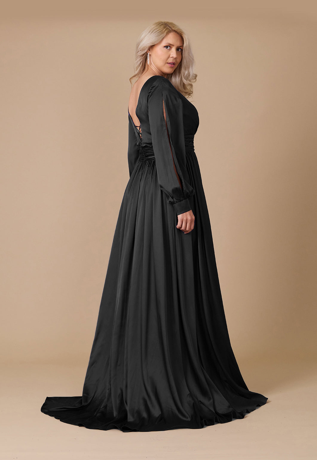 Long Open Sleeve Satin Formal Dress Wholesale