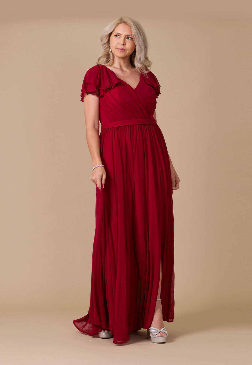 Short Sleeve Stretch Tulle Full Length Formal Dress Wholesale