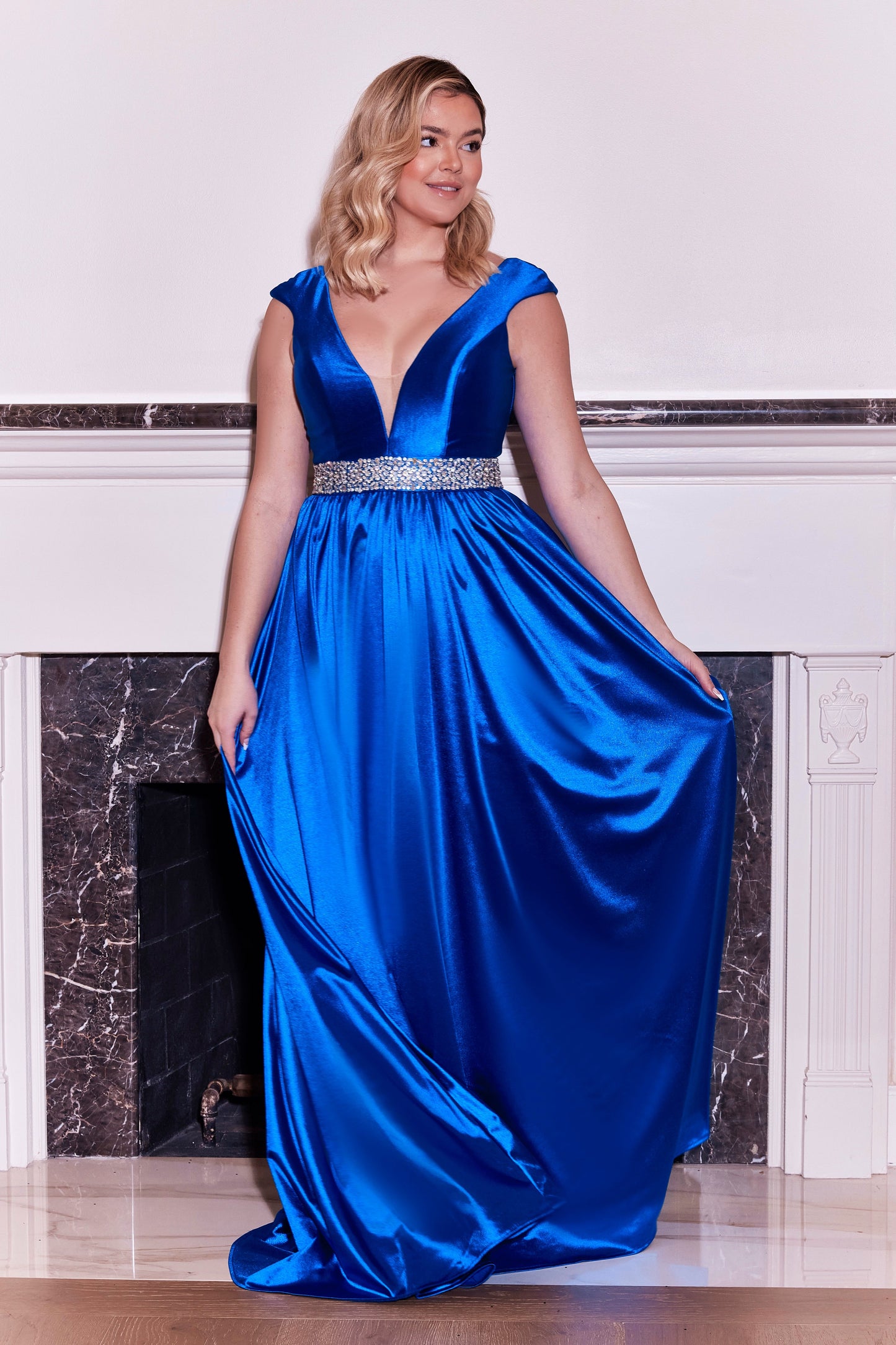 Long Formal Royal Blue Hand Beaded Belt Dress Wholesale