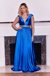 Long Formal Royal Blue Hand Beaded Belt Dress Wholesale