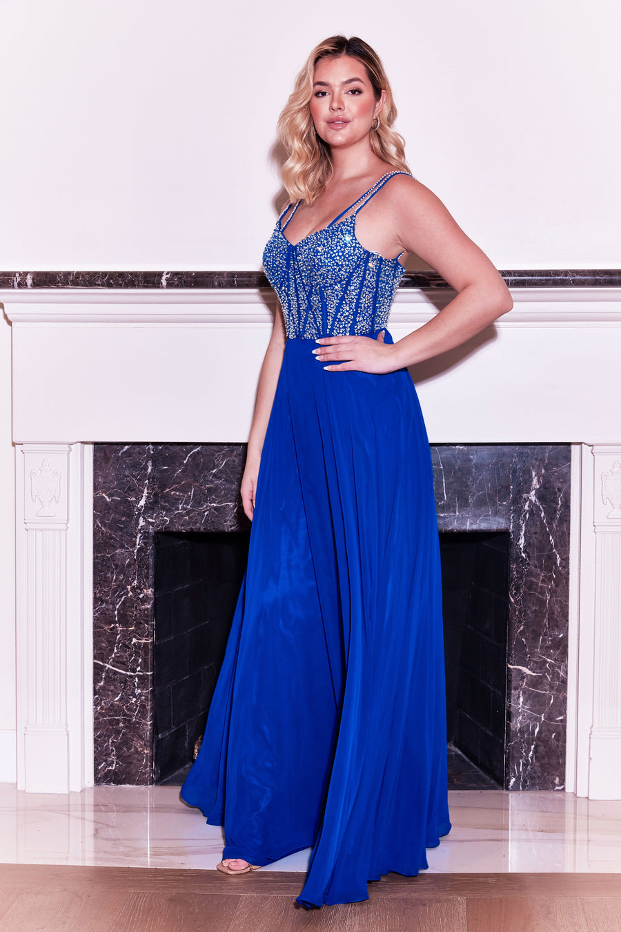 Long Formal Royal Blue Hand Beaded Top Dress Wholesale