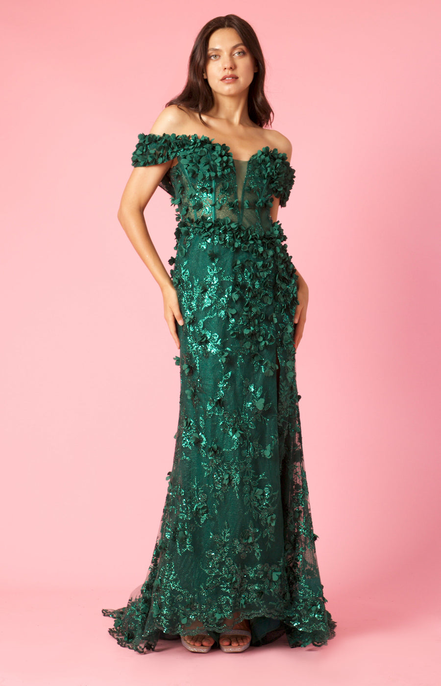 Long Formal Off the Shoulder 3D Floral Corset Dress Wholesale