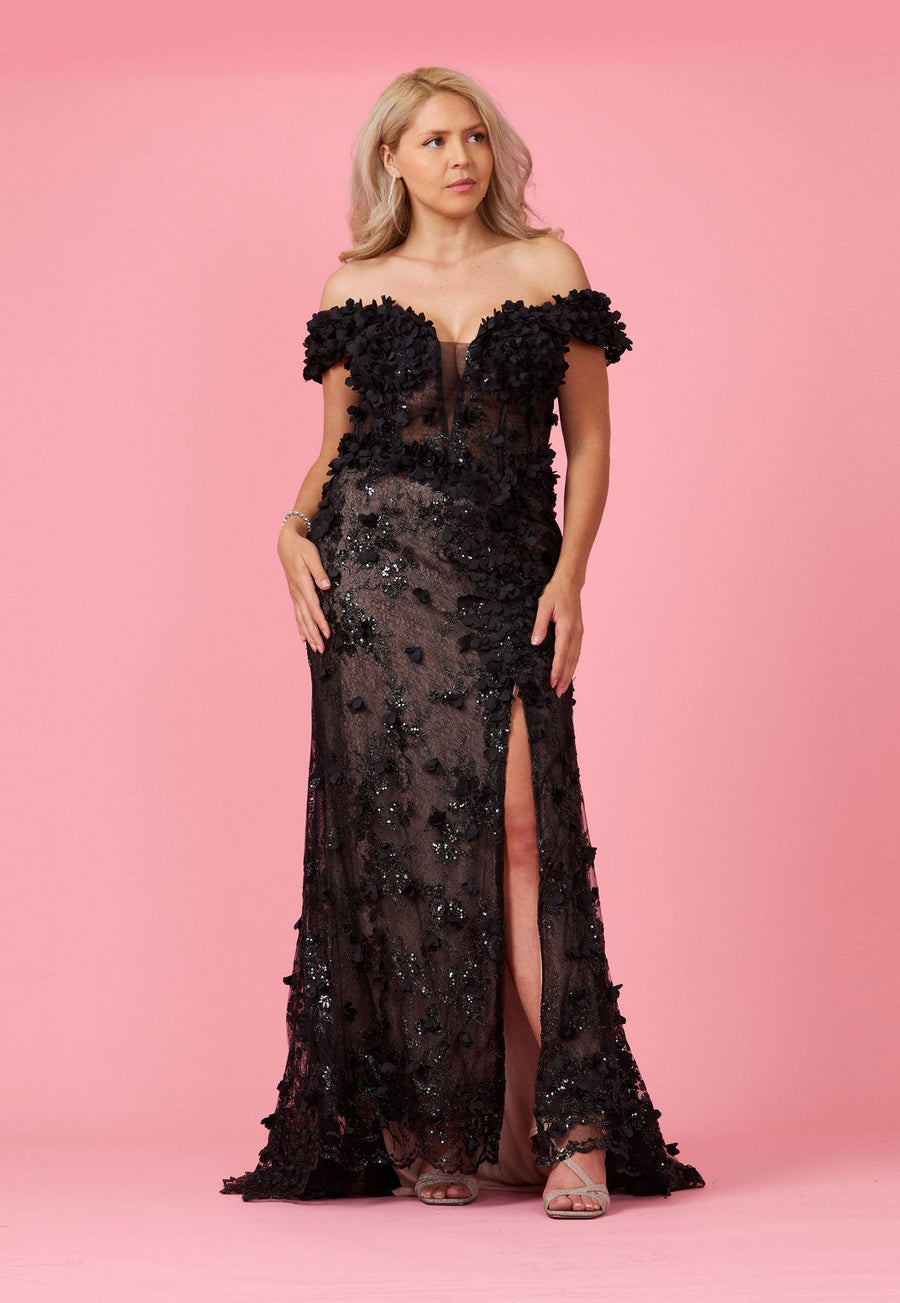 Long Formal Off the Shoulder 3D Floral Corset Dress Wholesale