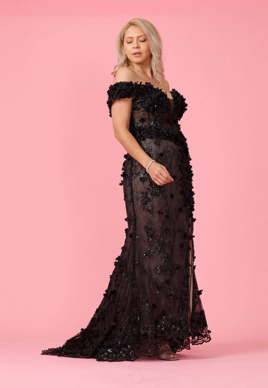 Long Formal Off the Shoulder 3D Floral Corset Dress Wholesale