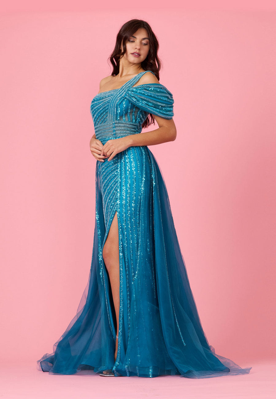 Long Couture Hand Beaded Cold Shoulder Formal Wholesale Dress