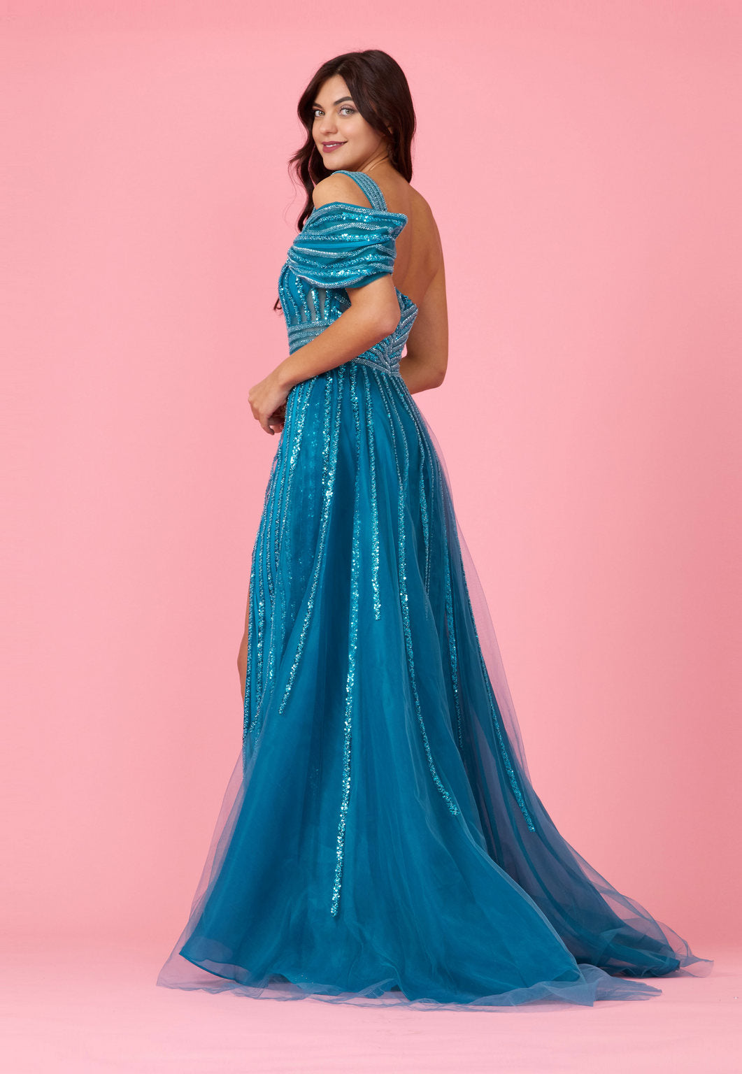 Long Couture Hand Beaded Cold Shoulder Formal Wholesale Dress