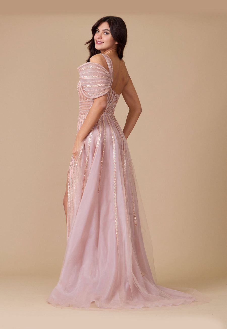 Long Couture Hand Beaded Cold Shoulder Formal Wholesale Dress