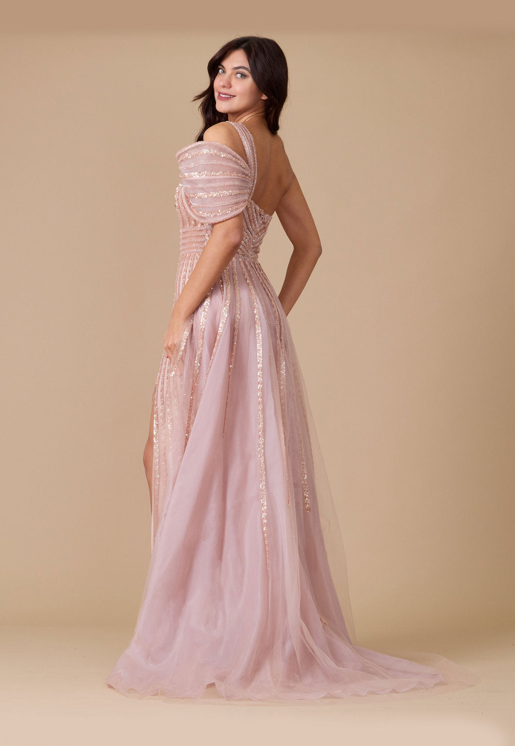 Long Couture Hand Beaded Cold Shoulder Formal Wholesale Dress