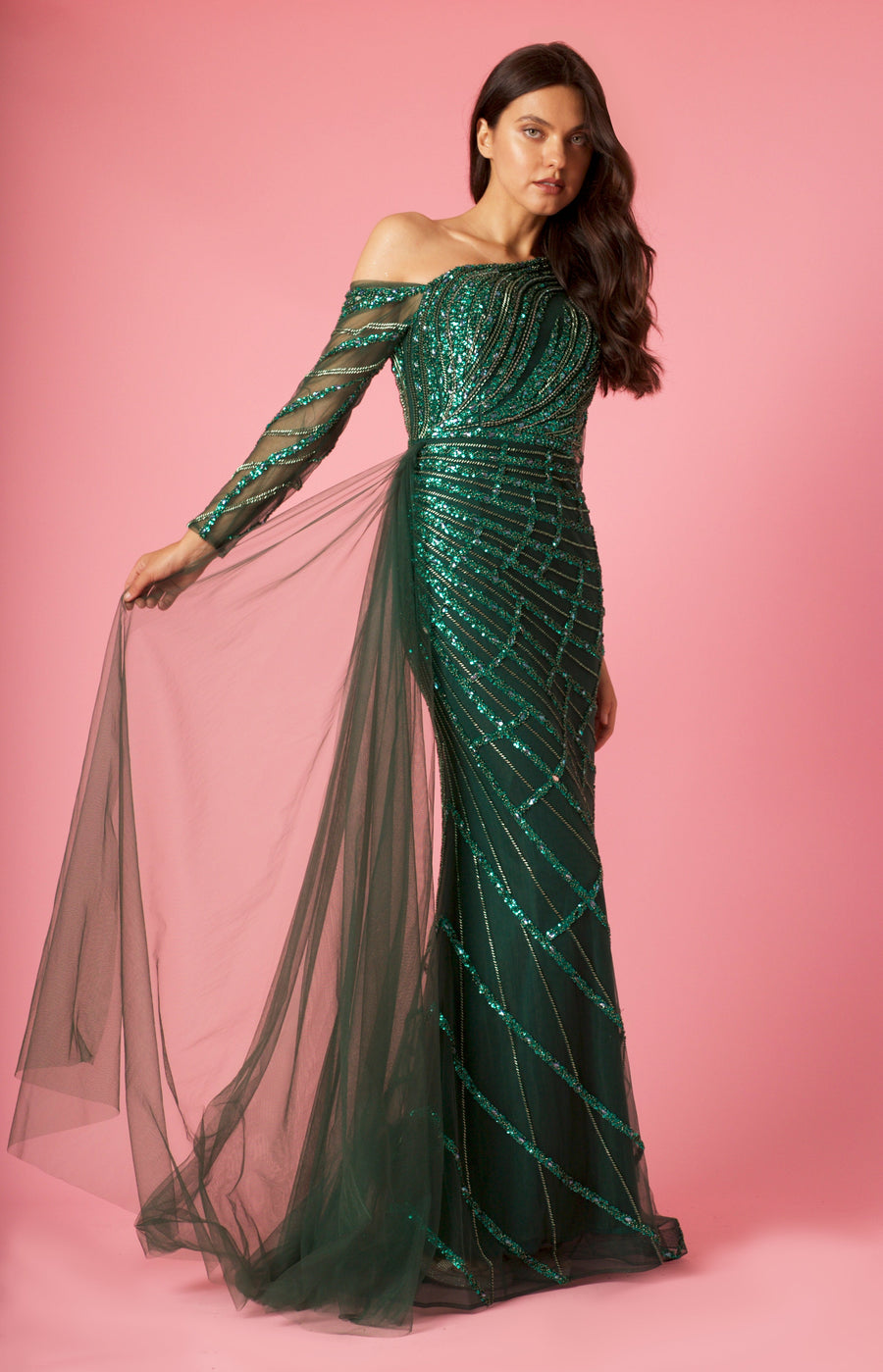 Long Couture Long Sleeve Hand Beaded Formal Dress Wholesale