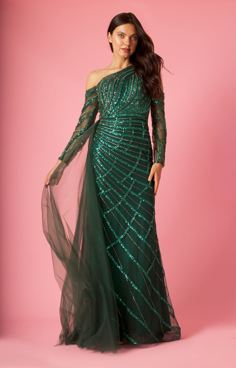 Long Couture Long Sleeve Hand Beaded Formal Dress Wholesale