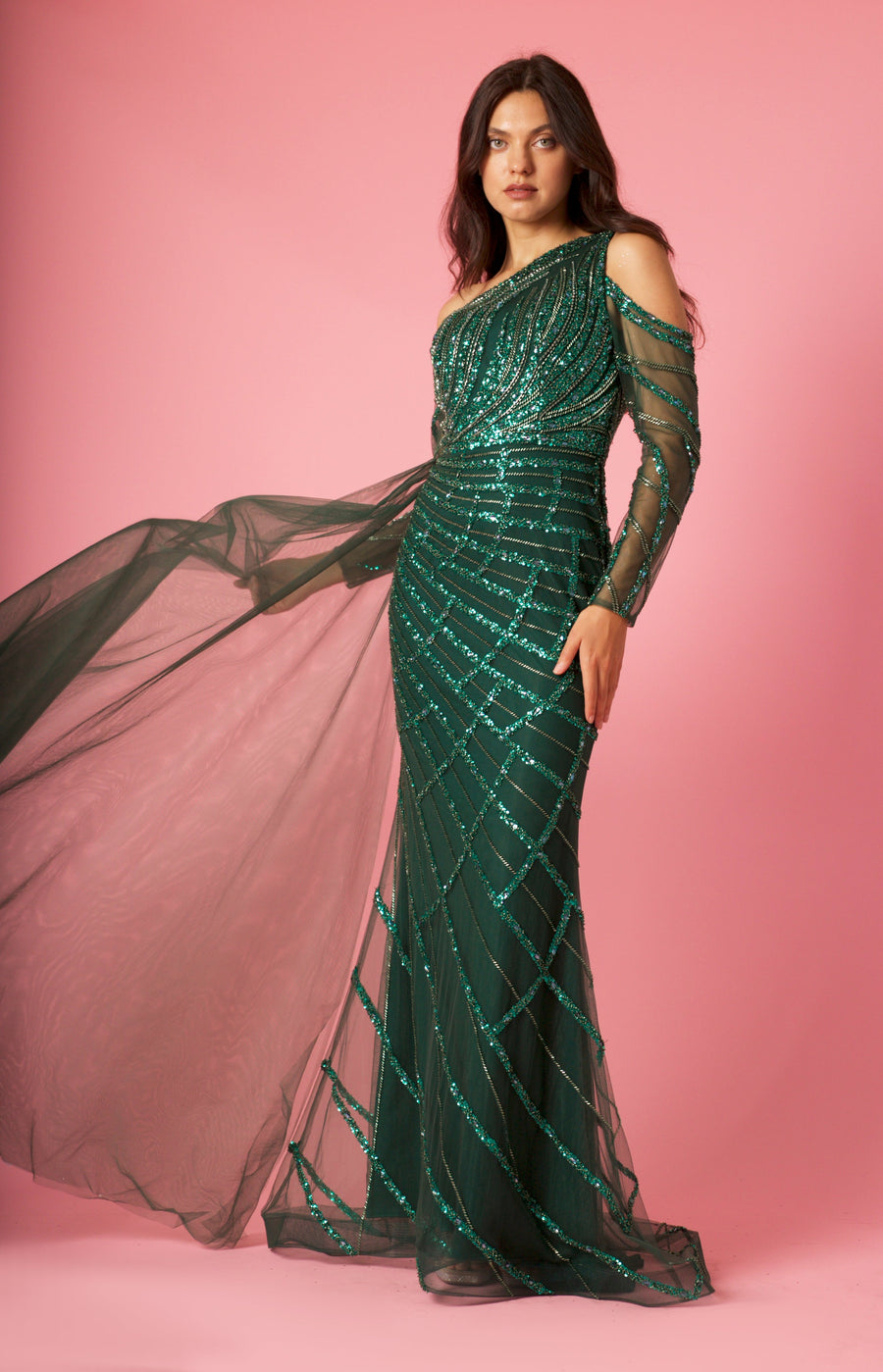 Long Couture Long Sleeve Hand Beaded Formal Dress Wholesale