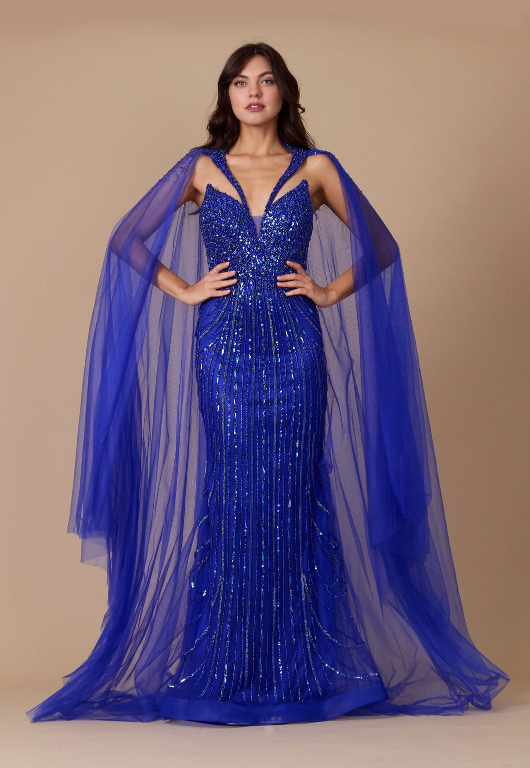 Long Sequin Cape Couture Evening Dress Wholesale
